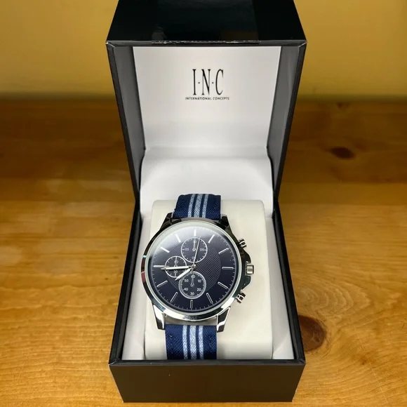 INC Men’s Navy Blue & White Striped Denim Strap Watch 42mm - Picture 6 of 9